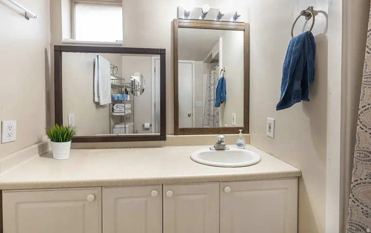 Bathroom featuring a shower with shower curtain and vanity