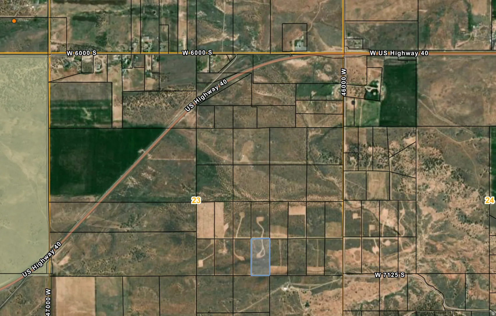 Aerial overview of property's location with property boundaries highlighted