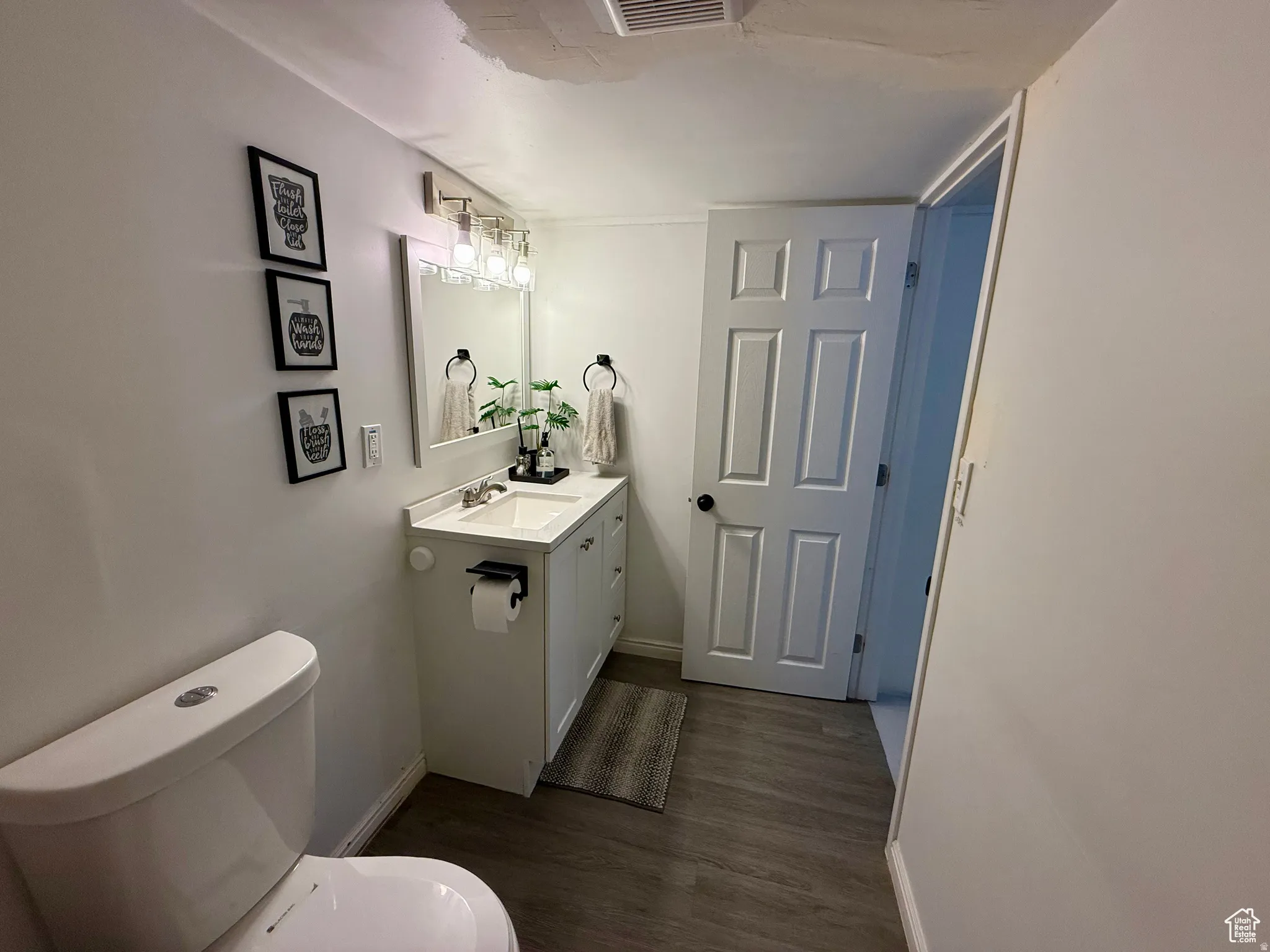 Bathroom with vanity and dark wood-type flooring