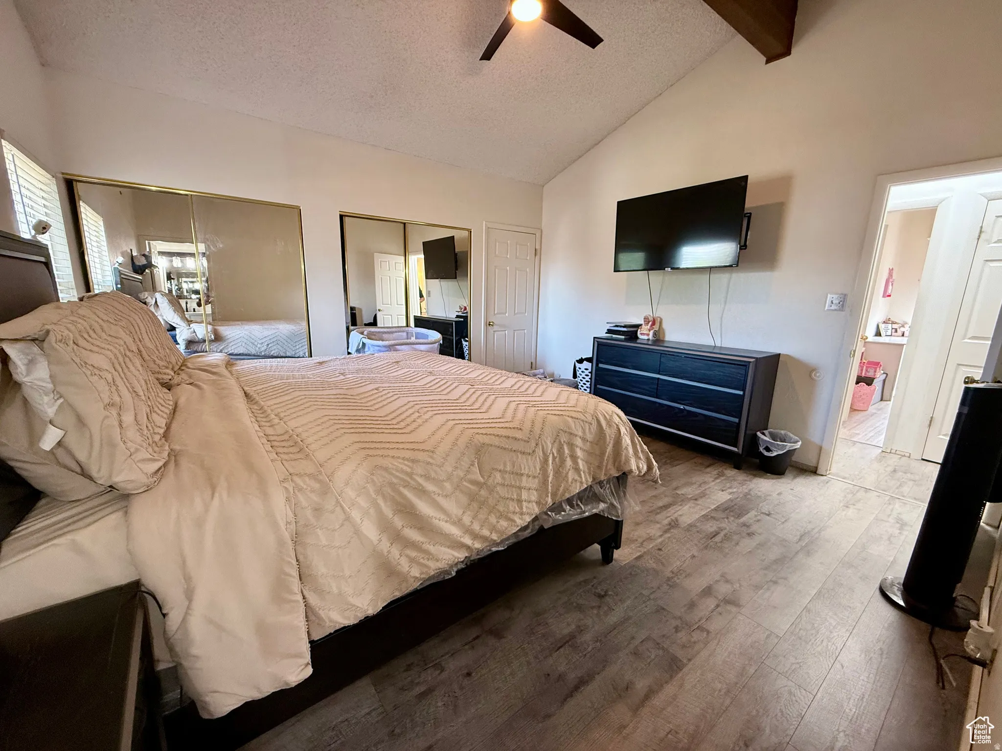 Bedroom featuring wood-type flooring, a ceiling fan, and multiple closets