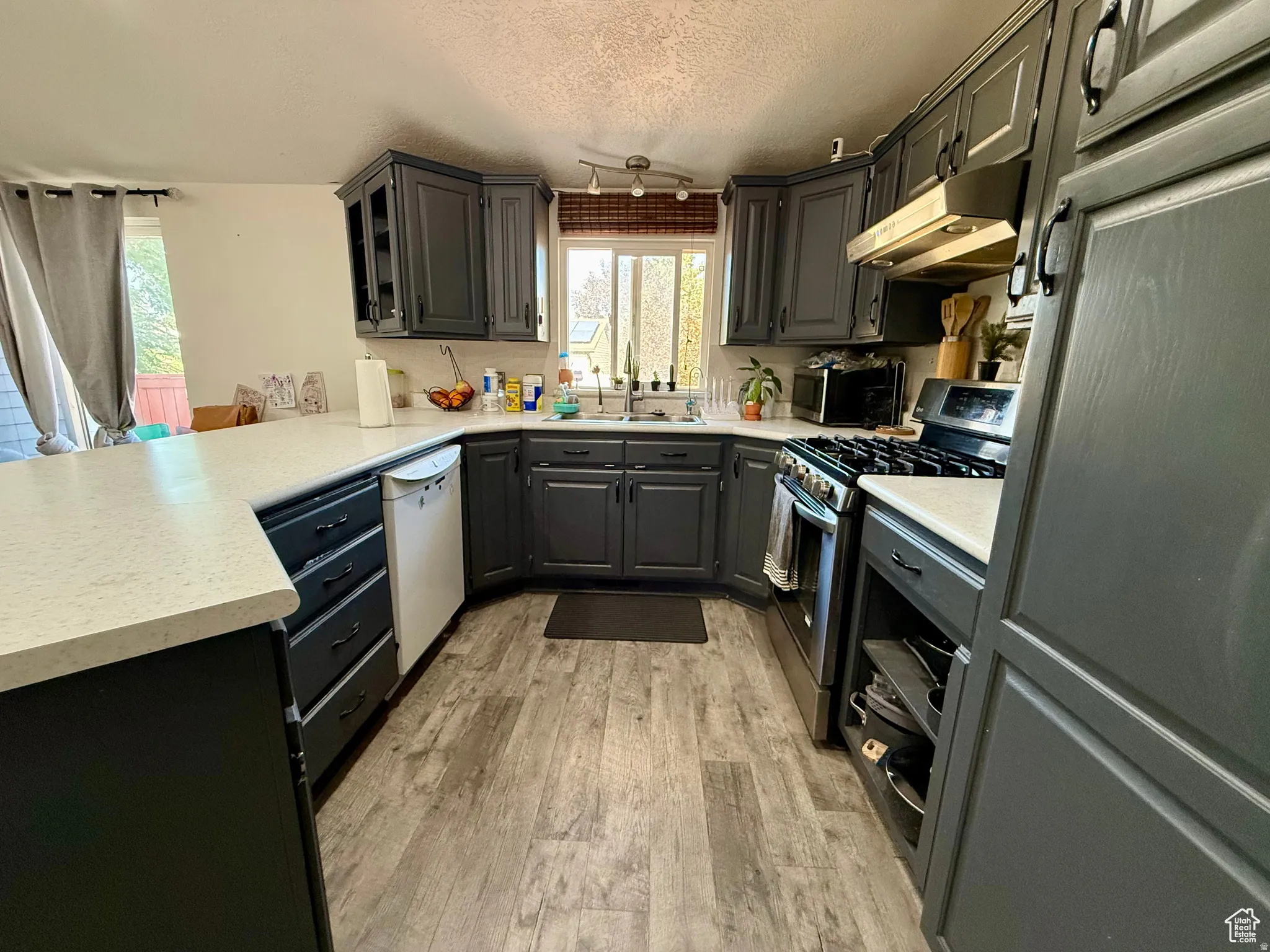 Kitchen with stainless steel appliances, a textured ceiling, light countertops, light wood finished floors, and gray cabinetry