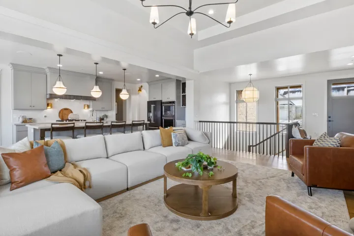 Living room featuring hanging lights