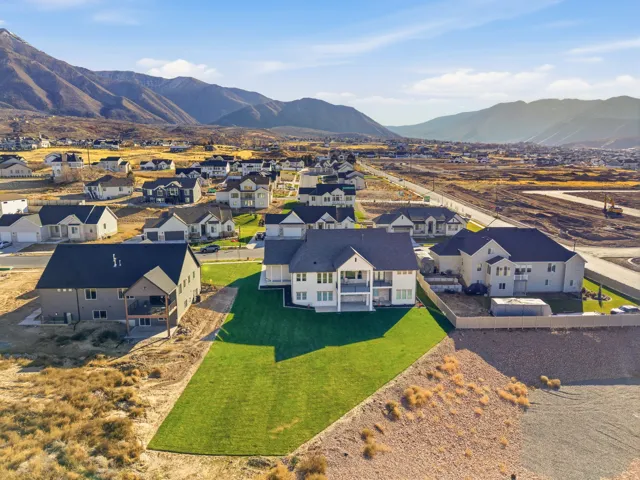 Aerial perspective of suburban area with mountains