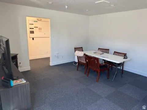 Dining space with baseboards and dark colored carpet