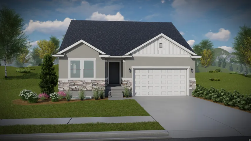 Craftsman inspired home featuring concrete driveway, roof with shingles, a front yard, an attached garage, and stone siding