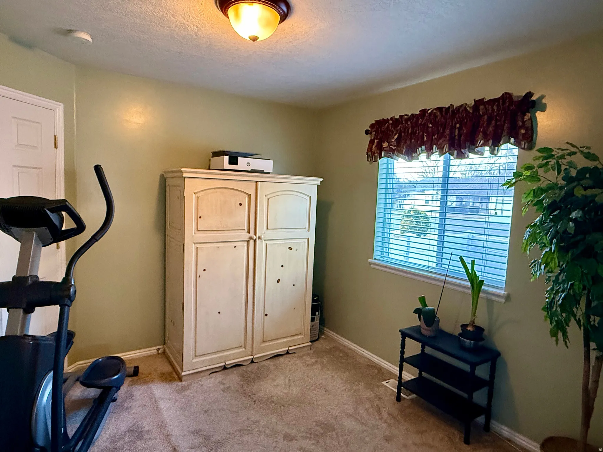 Workout area featuring light colored carpet and a textured ceiling