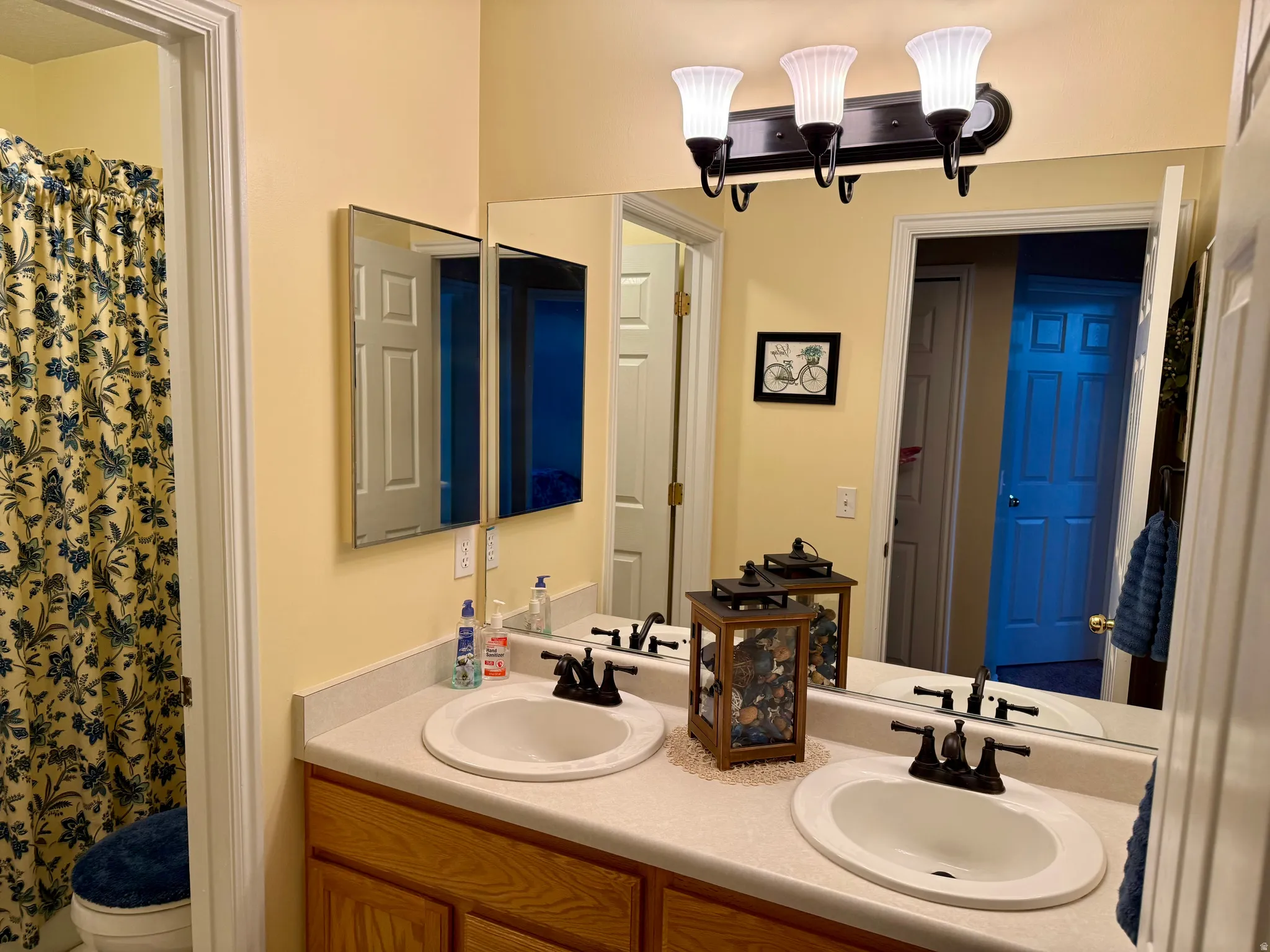 Full bathroom featuring double vanity and a shower with curtain