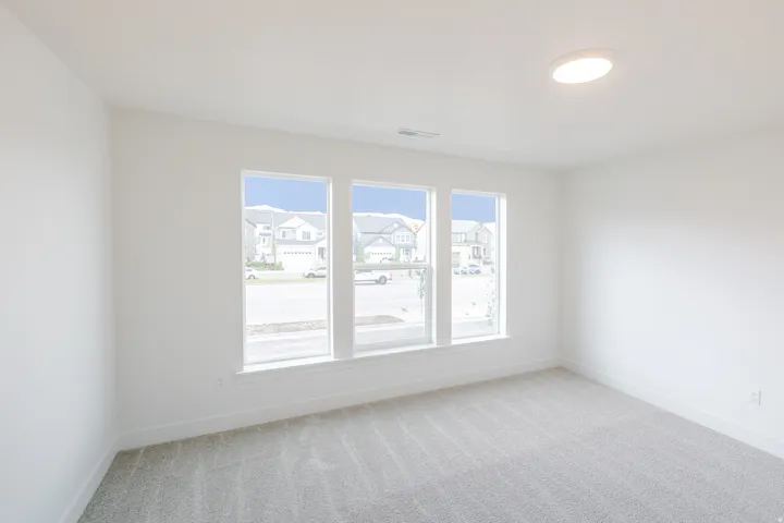 Bright room featuring three large windows, light gray carpeting, white walls, and a ceiling-mounted light fixture