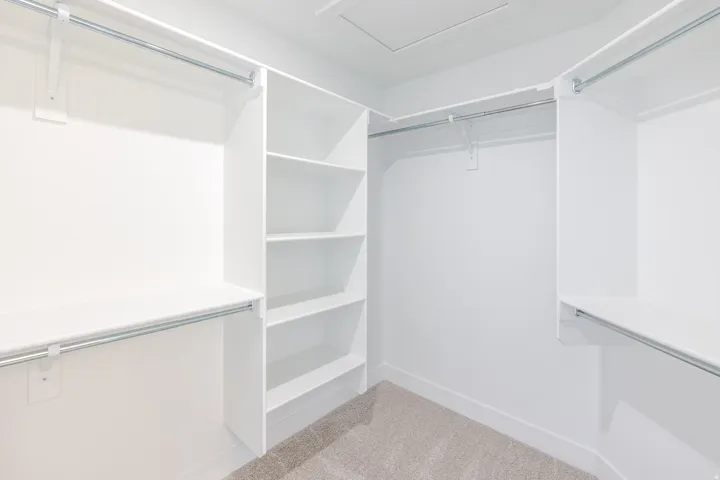 Walk-in closet featuring built-in shelving, multiple hanging rods, and carpet flooring