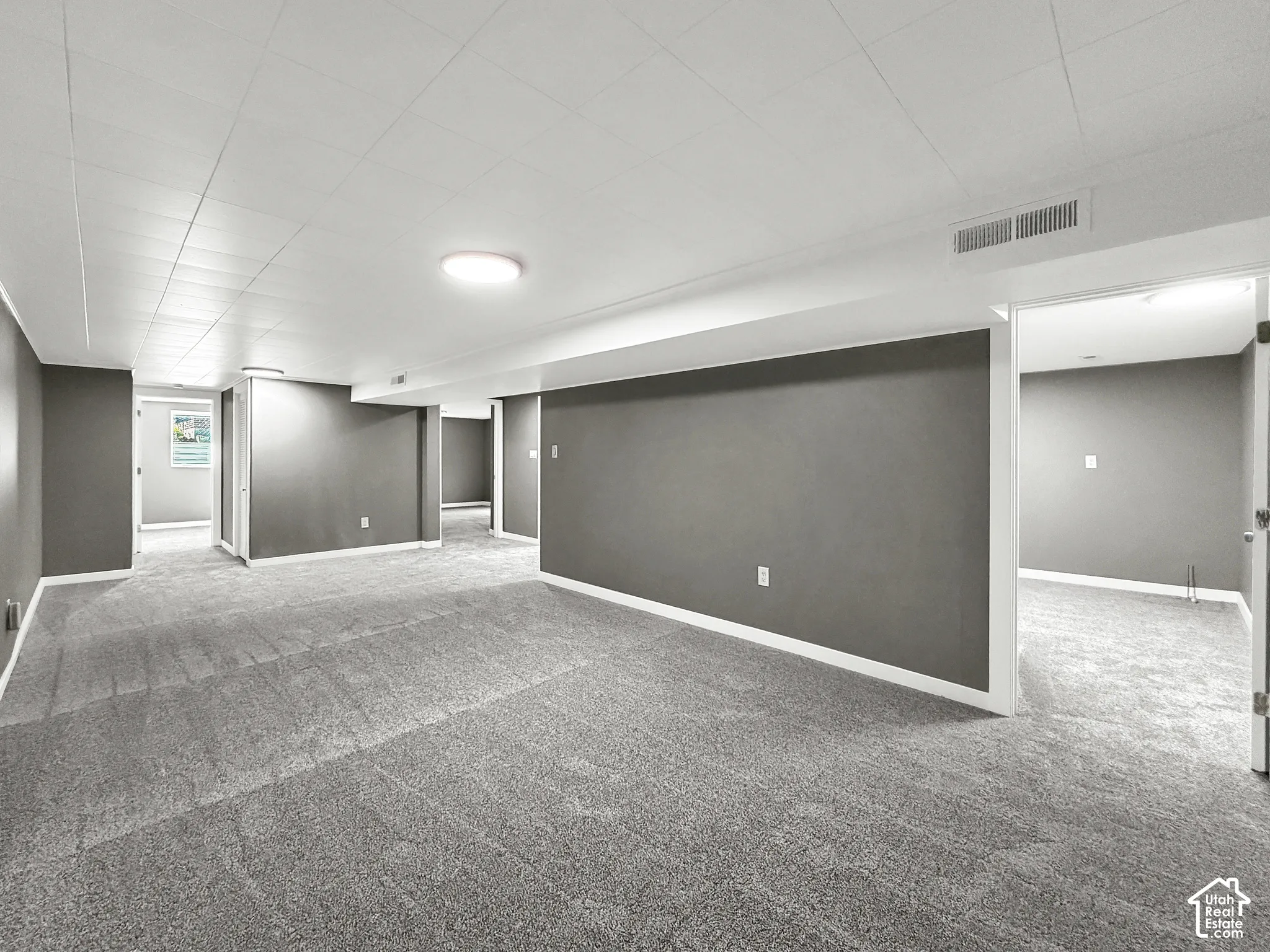 Expansive carpeted area with neutral gray walls, white trim, recessed lighting, and a drop ceiling