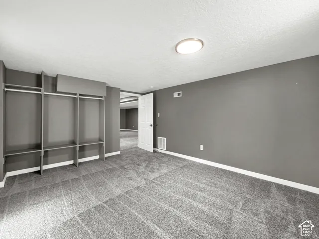 Built-in open shelving and clothing rods, light gray carpeting, and neutral gray wall paint