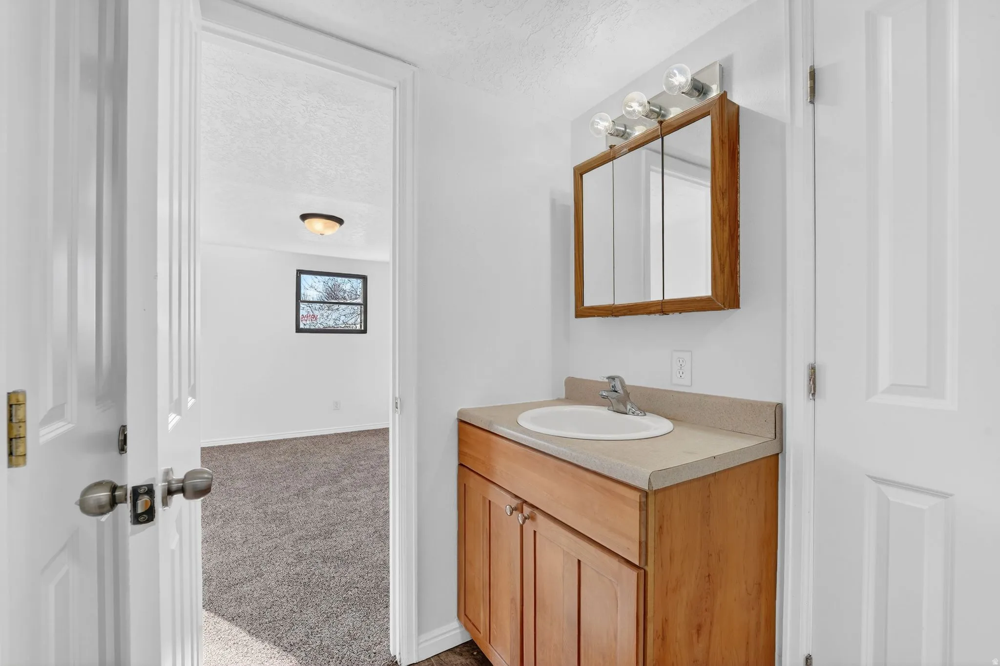 Bathroom featuring vanity, dark carpet, and a textured ceiling