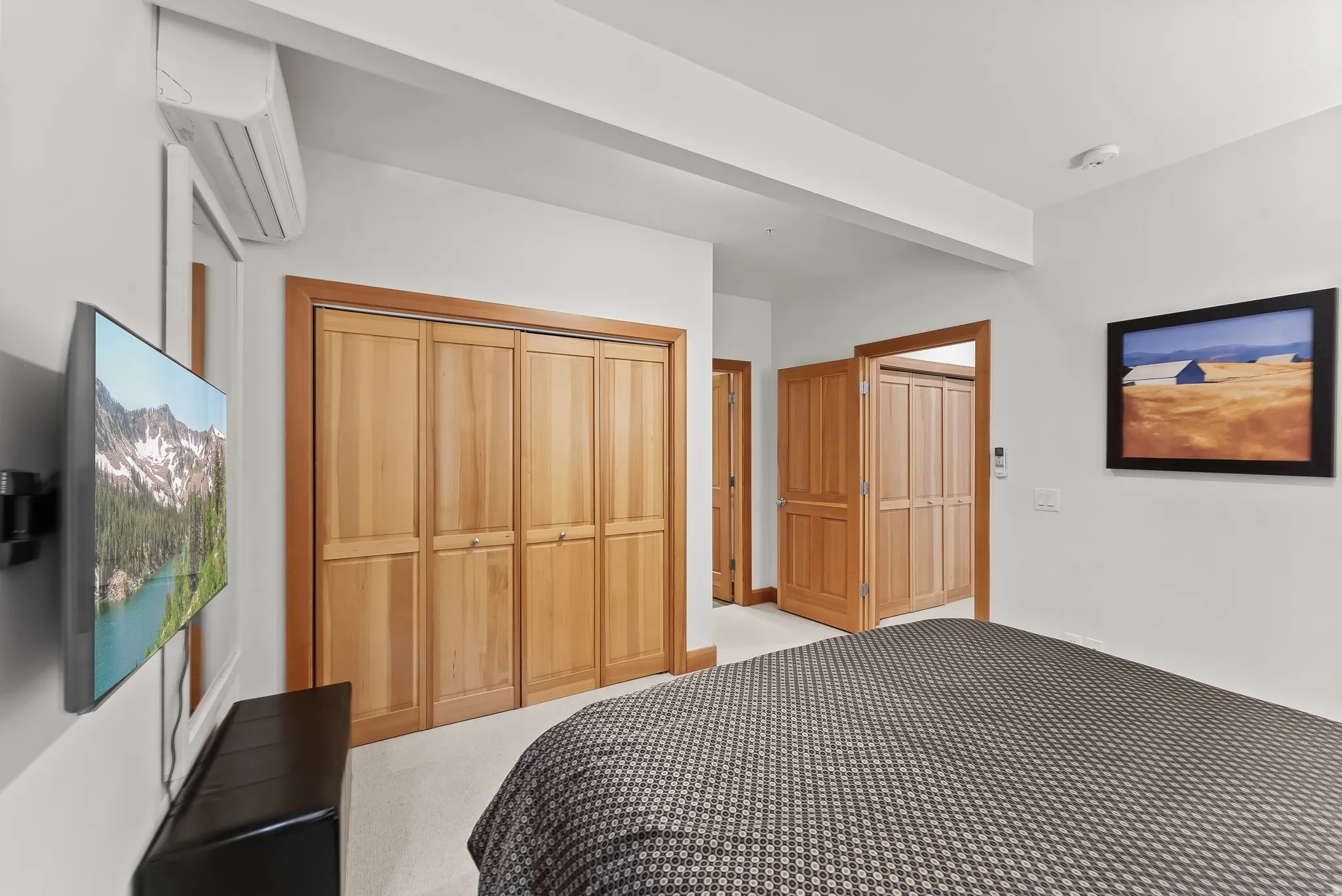 Bedroom with a wall mounted mini split and a closet