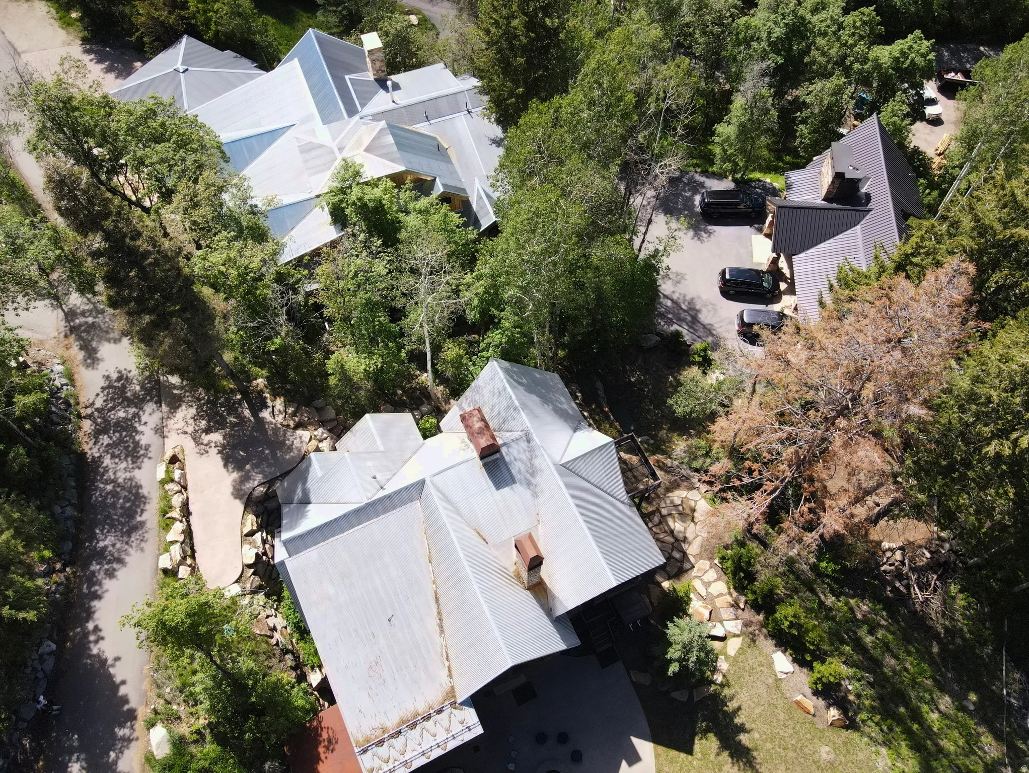 Multiple properties featuring varied rooflines, extensive surrounding greenery, and paved driveways