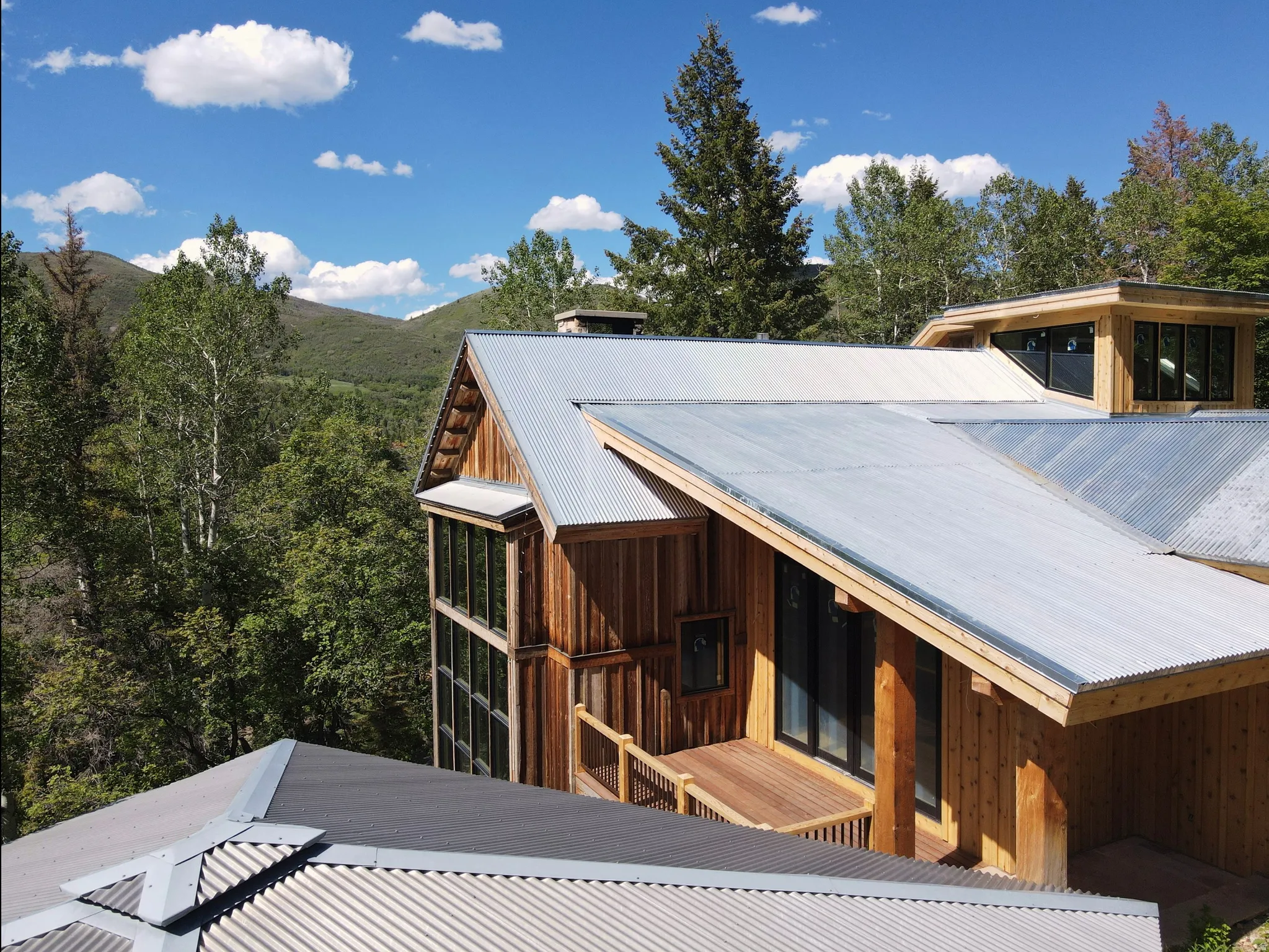 Modern architectural design featuring vertical wood siding and corrugated metal roofing