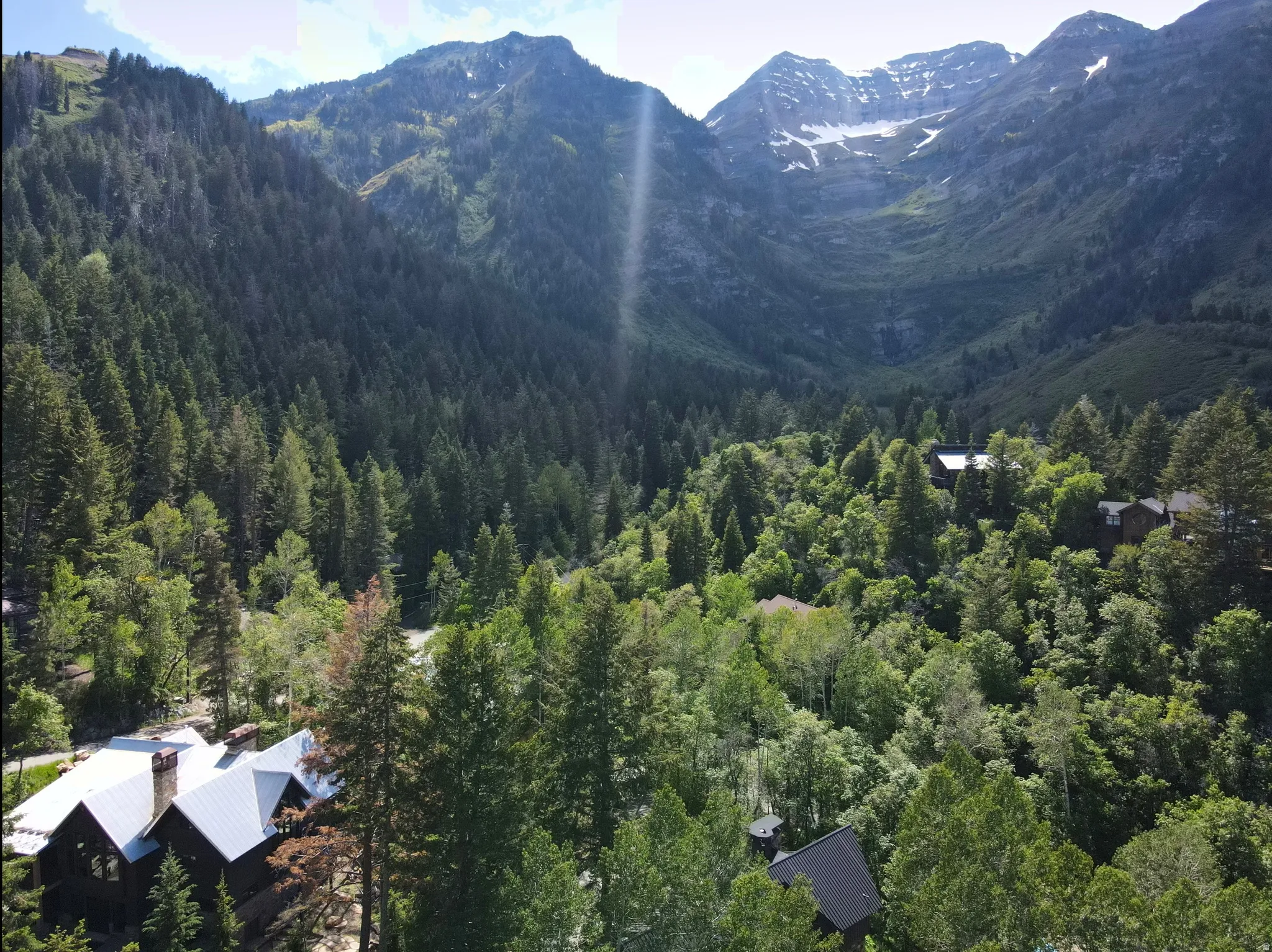 Expansive mountain setting featuring dense evergreen forests and snow-capped peaks