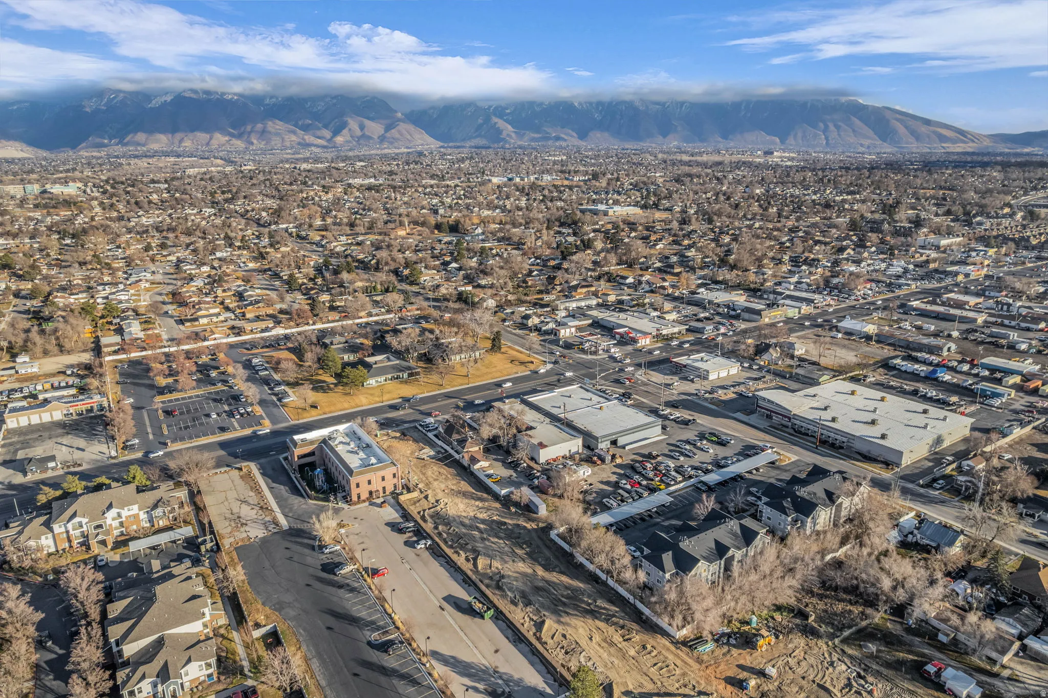 Drone / aerial view of a mountainous background