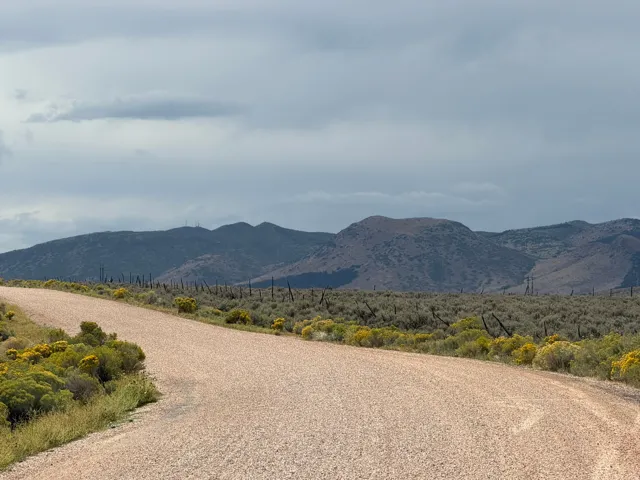 Gravel road leading through expansive natural landscape with scattered shrubs and distant mountains