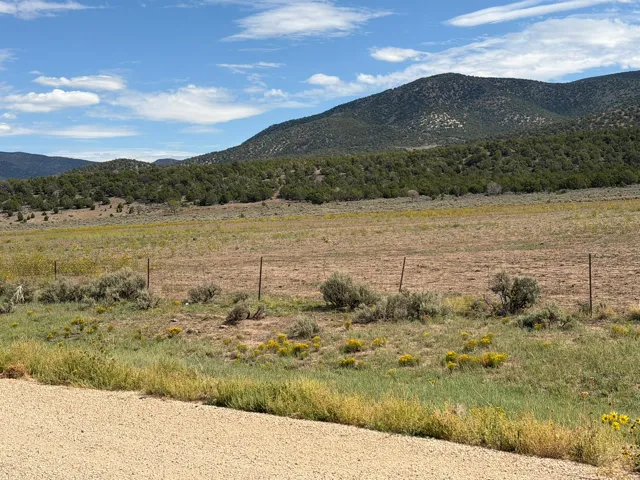 Expansive open terrain with natural vegetation, featuring distant hills with evergreen trees, and a gravel foreground