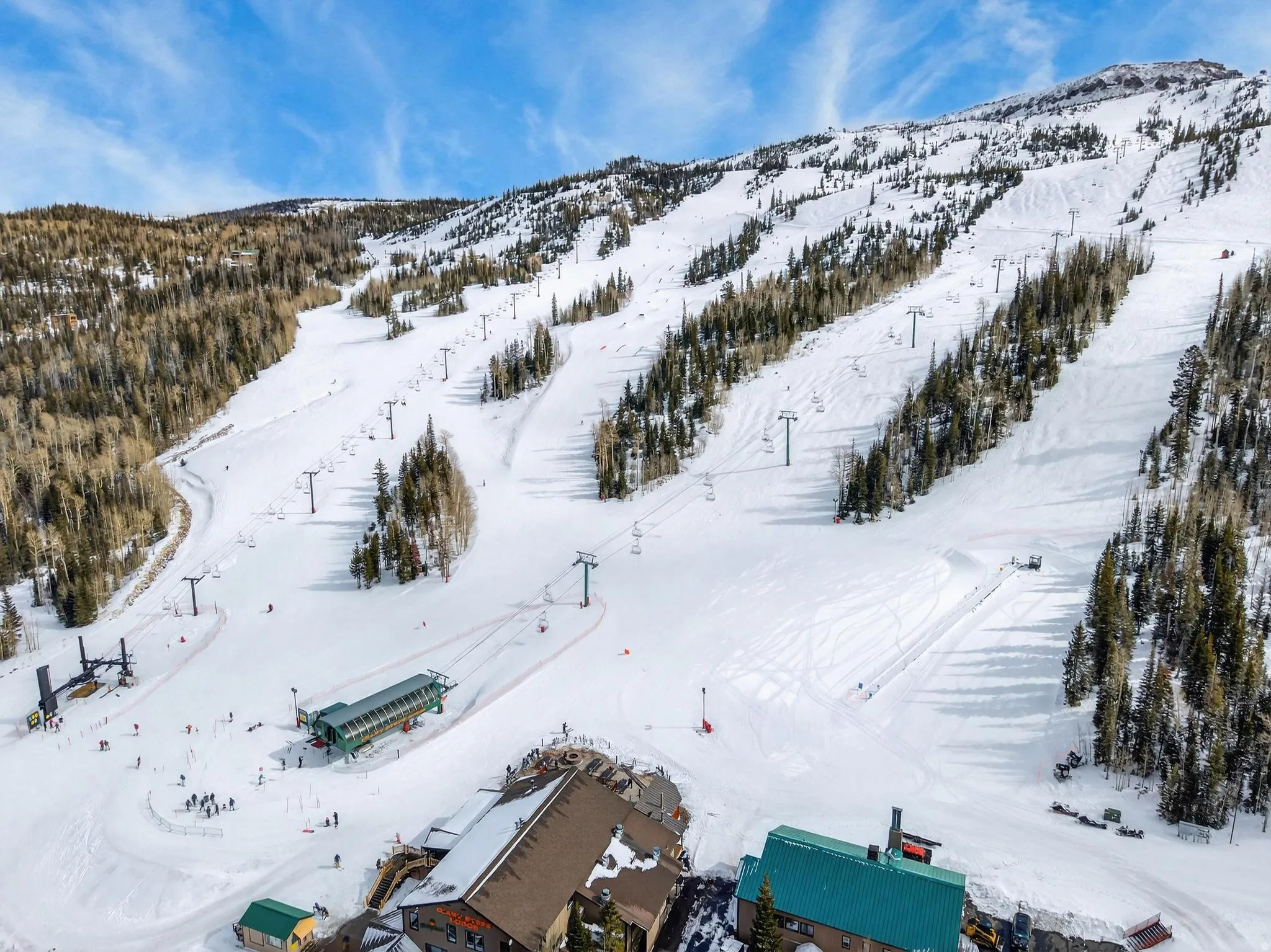 Snowy aerial view featuring a mountain view