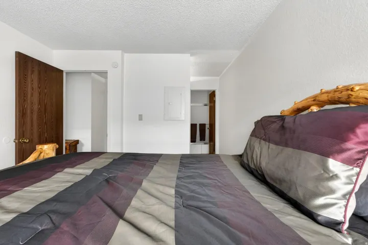 Bedroom featuring a textured ceiling, electric panel, and a closet
