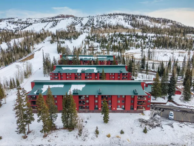 Multi-story structures with red siding and green roofs situated in a snowy, wooded mountain setting