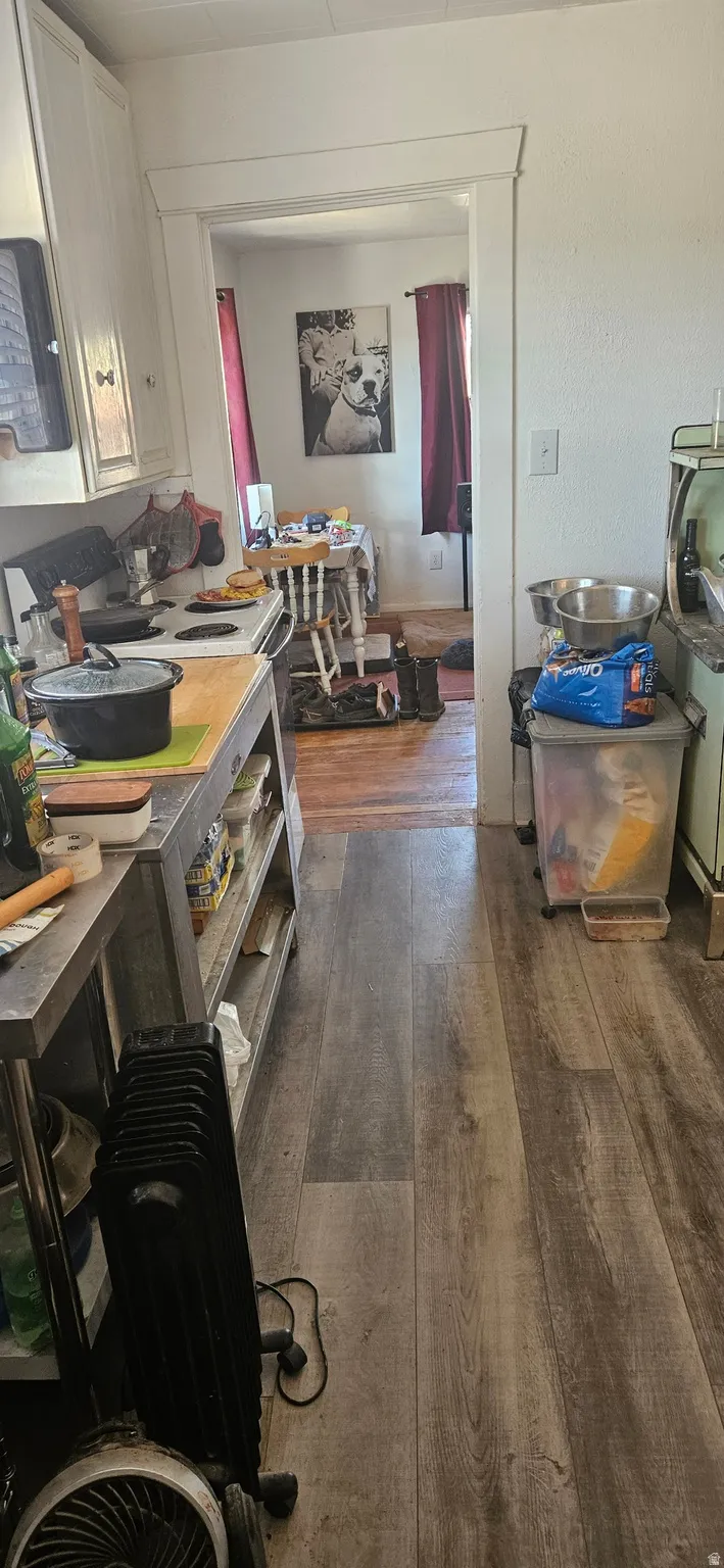 Kitchen with white cabinetry, dark wood-style flooring, and radiator