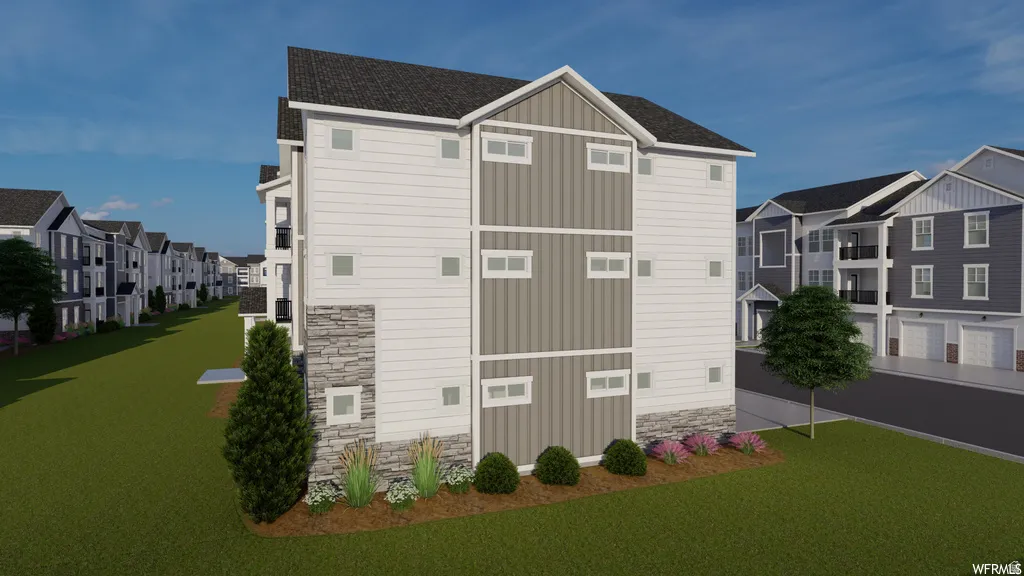View of side of property with stone siding, roof with shingles, a yard, board and batten siding, and a residential view