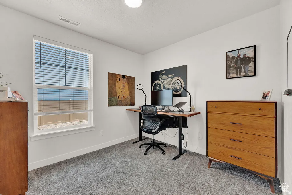 Office area featuring light colored carpet and baseboards