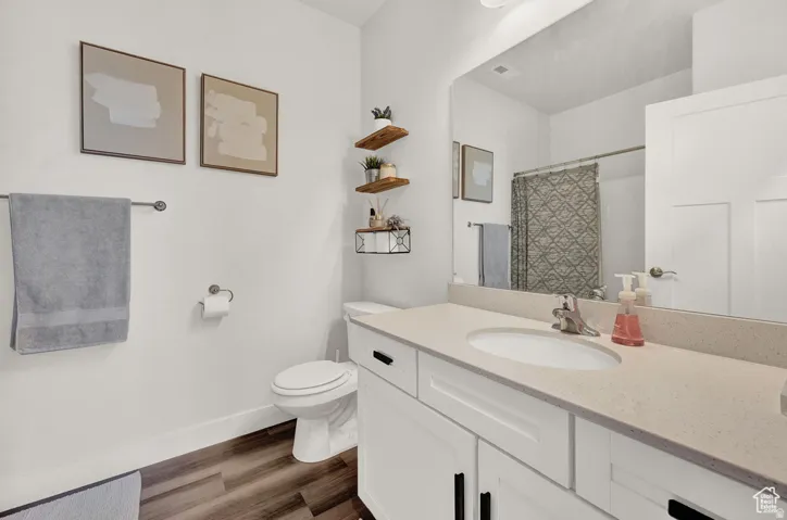 Full bathroom with a shower with shower curtain, vanity, and dark wood-style floors
