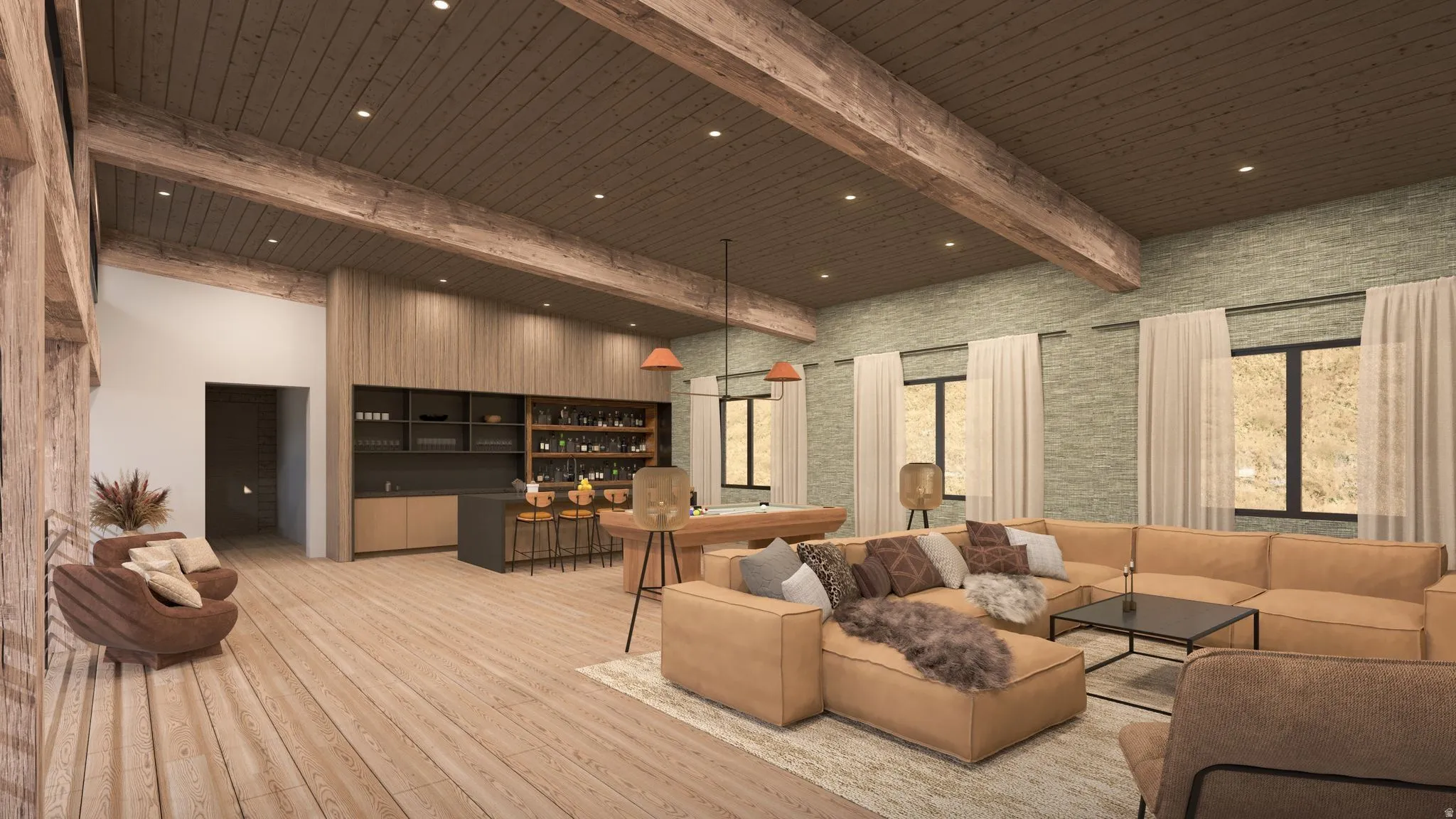 Living room with hardwood / wood-style flooring, a community bar, beam ceiling, and recessed lighting