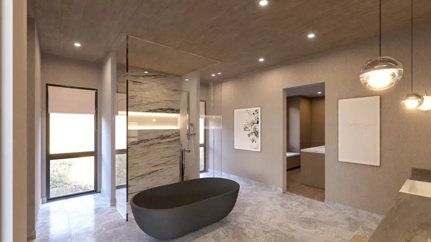 Bathroom featuring vanity, a marble finish shower, a freestanding tub, wood ceiling, and recessed lighting