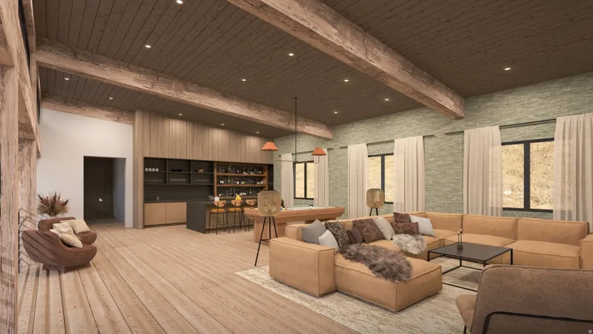 Living room with hardwood / wood-style flooring, a community bar, beam ceiling, and recessed lighting