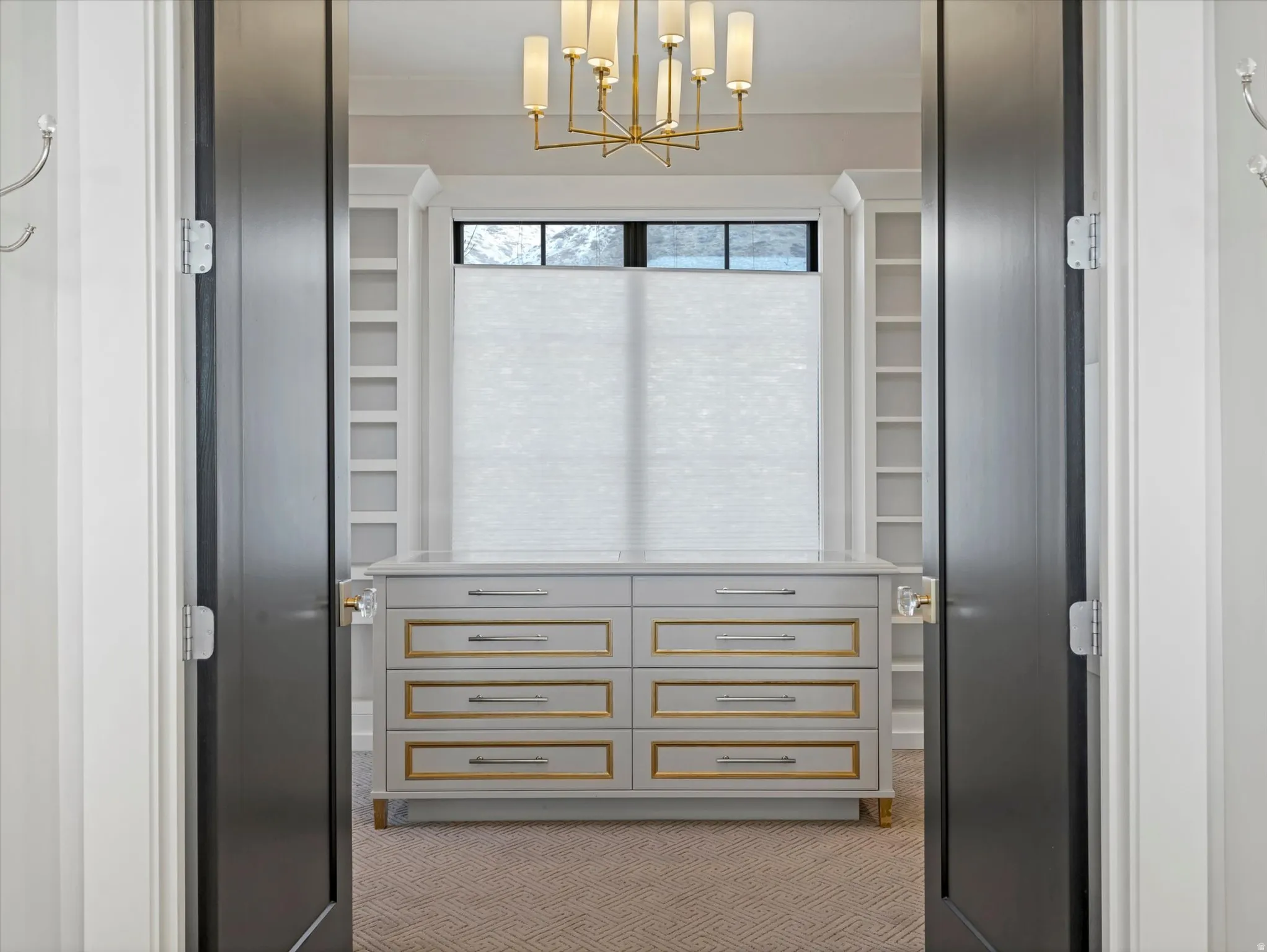 Primary entrance to the walk-in closet with light carpet and suspended lighting
