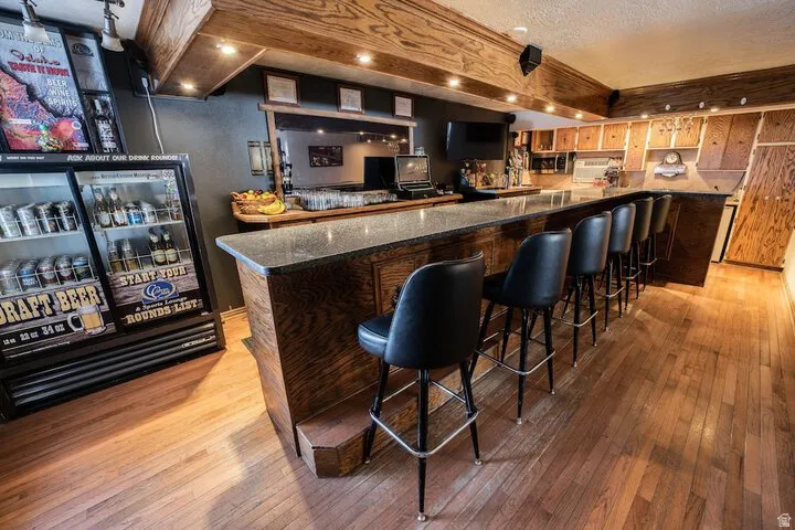 Indoor bar with light wood-style flooring, dark stone counters, a textured ceiling, and stainless steel microwave