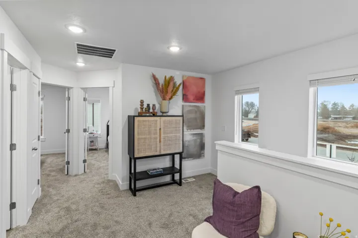 Sitting room featuring light carpet and plenty of natural light