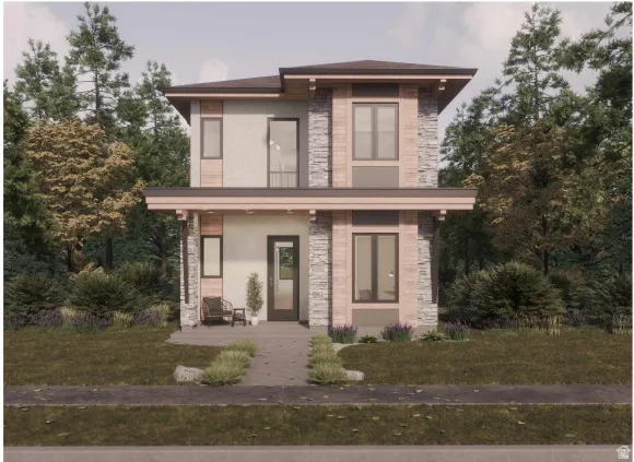 Modern home featuring stone siding, covered porch, stucco siding, and a front lawn