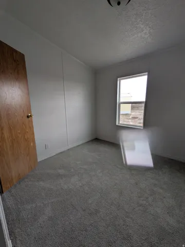 Carpeted spare room featuring a textured ceiling and crown molding