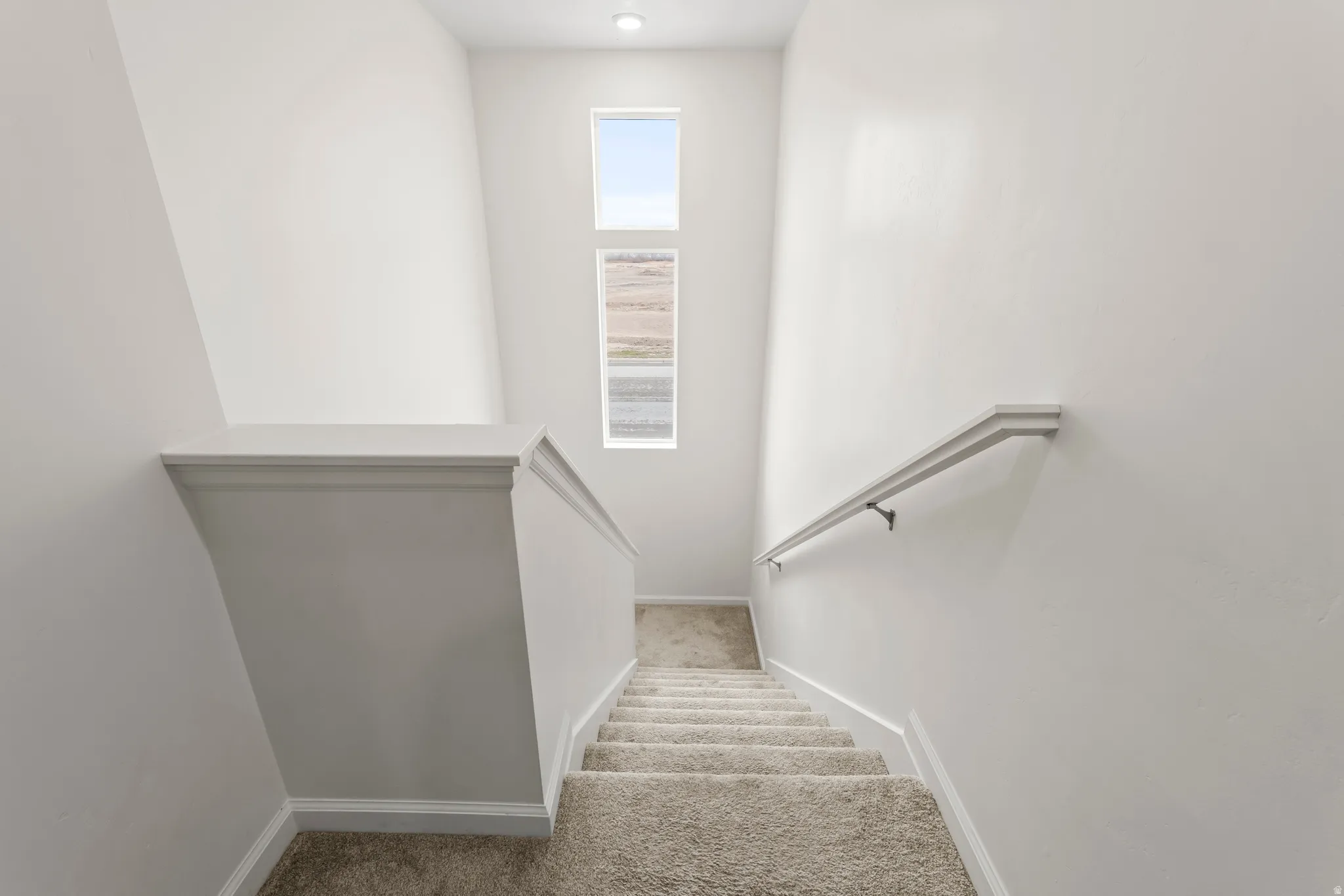 Stairs featuring carpet floors and baseboards