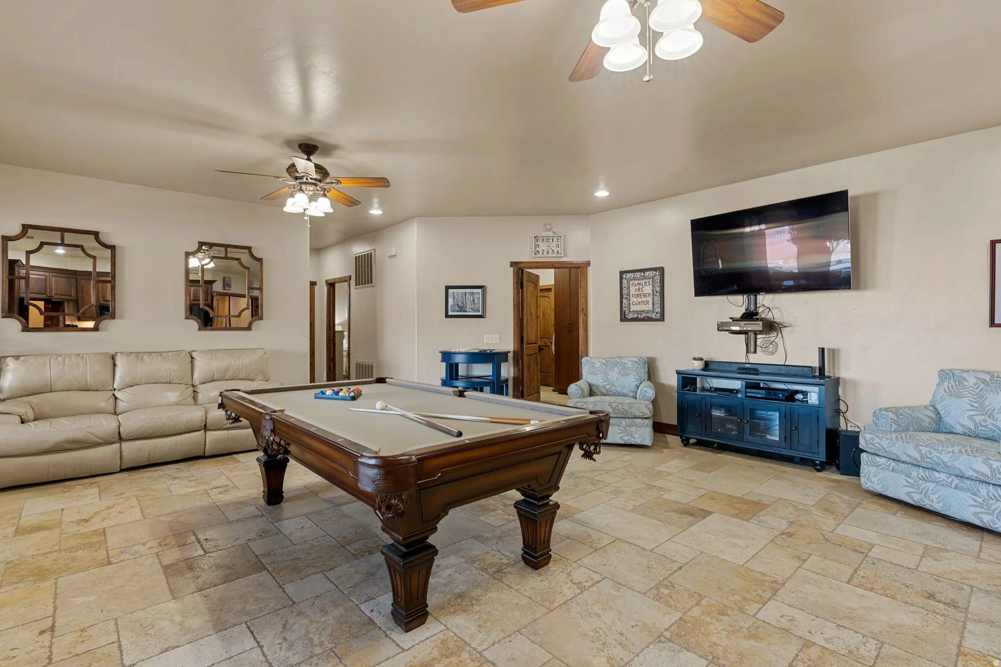 Game room featuring a ceiling fan, recessed lighting, pool table, and stone tile flooring