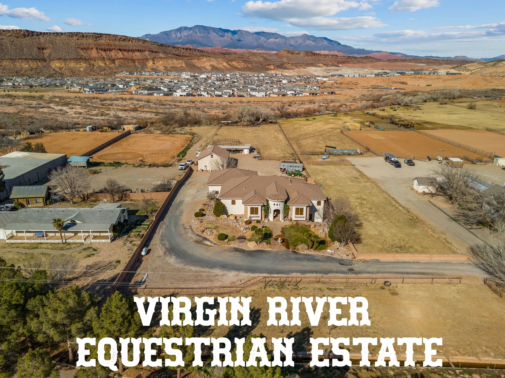 Aerial view of The Virgin River Equestrian Estate with mountains views