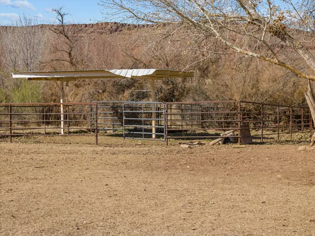 View of back field near the virgin river and animal corrals used for goats and sheep.