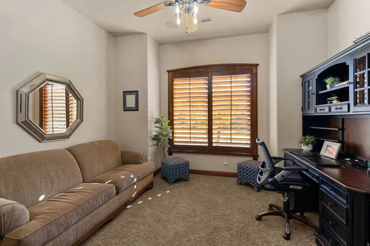 Carpeted office space featuring ceiling fan and plenty of natural light