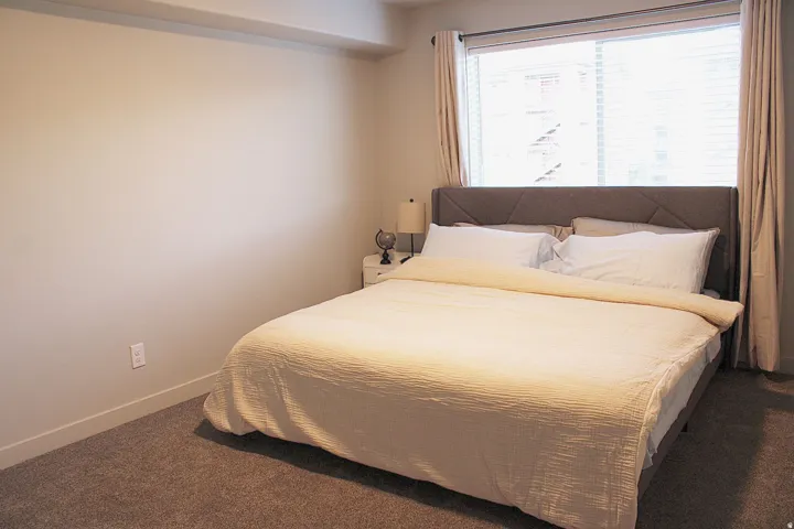 Bedroom featuring baseboards and dark colored carpet