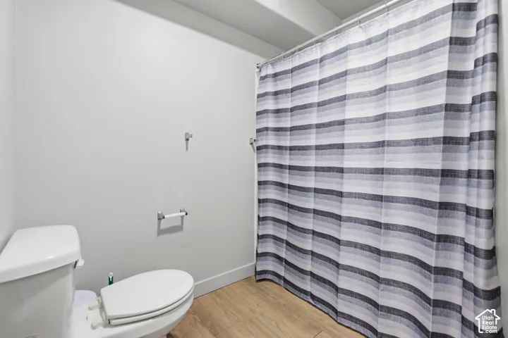 Bathroom featuring wood-finish flooring and a wall-mounted toilet paper holder