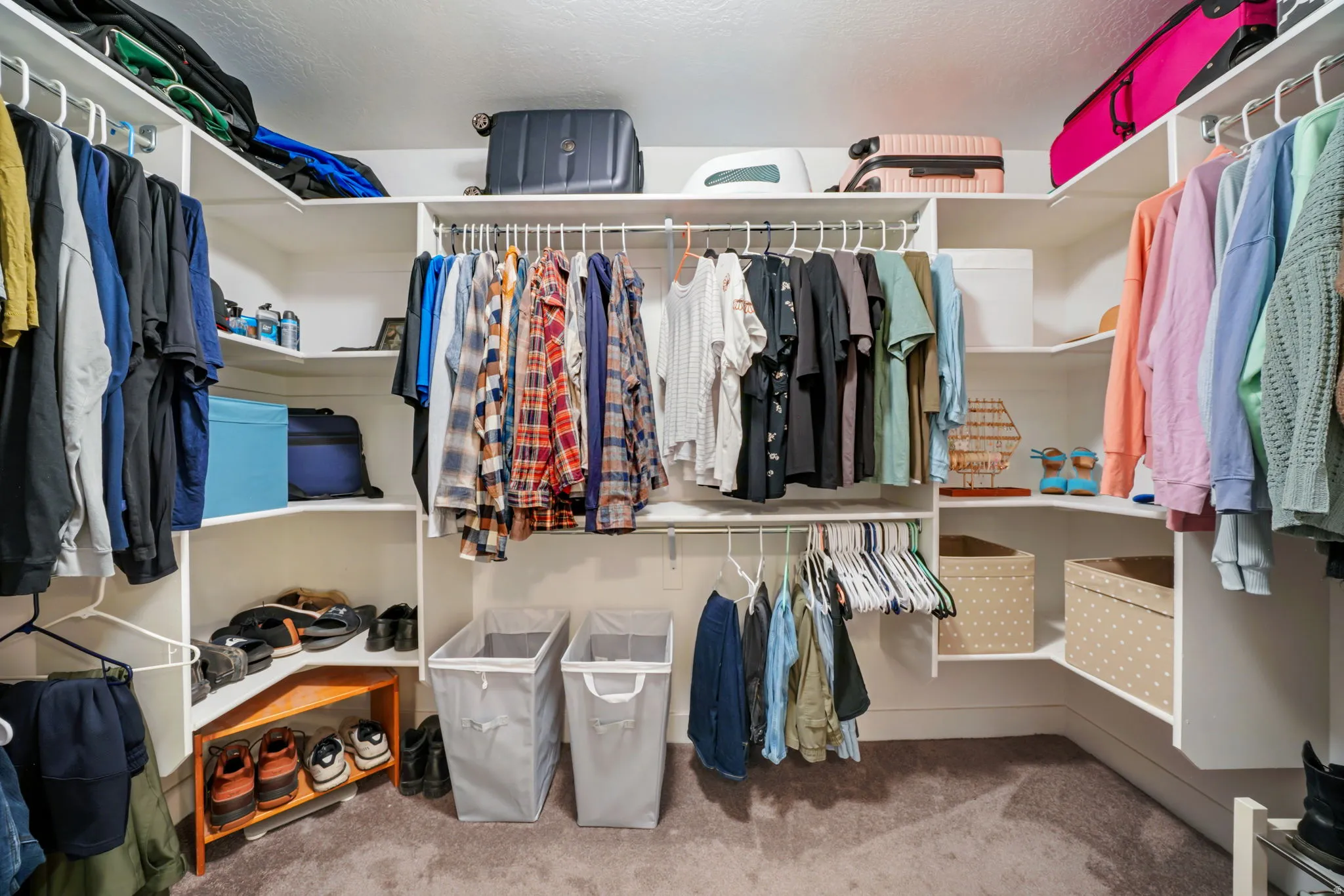 Walk in closet featuring light colored carpet