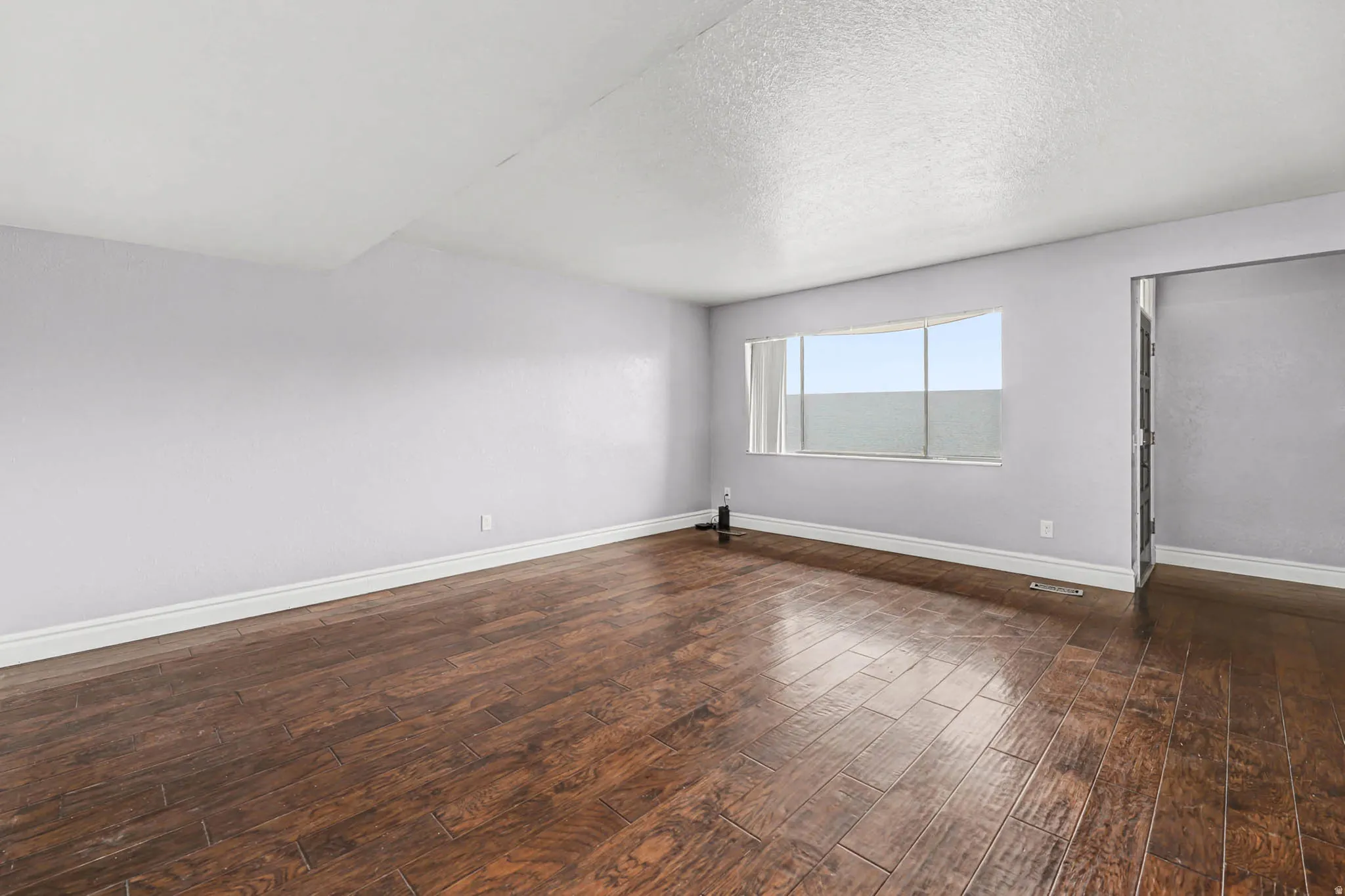 Unfurnished room featuring dark wood-style floors and a textured ceiling
