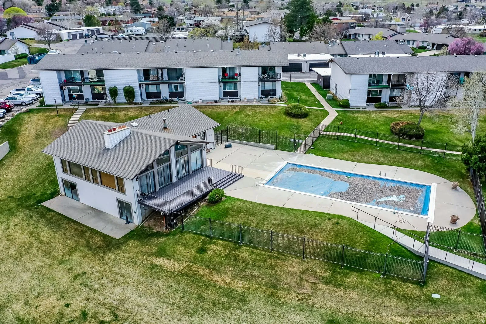 Drone / aerial view of a pool
