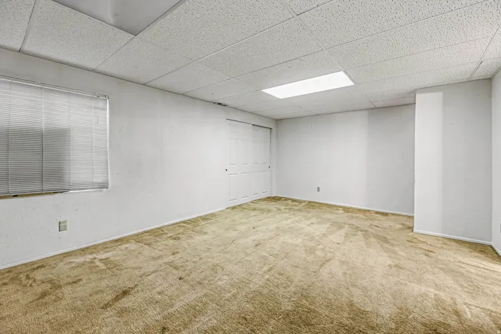 Empty room featuring a paneled ceiling, carpet, and a textured wall