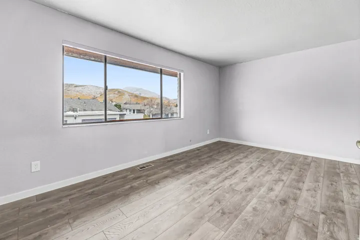 Unfurnished room featuring light wood-style flooring and a mountain view